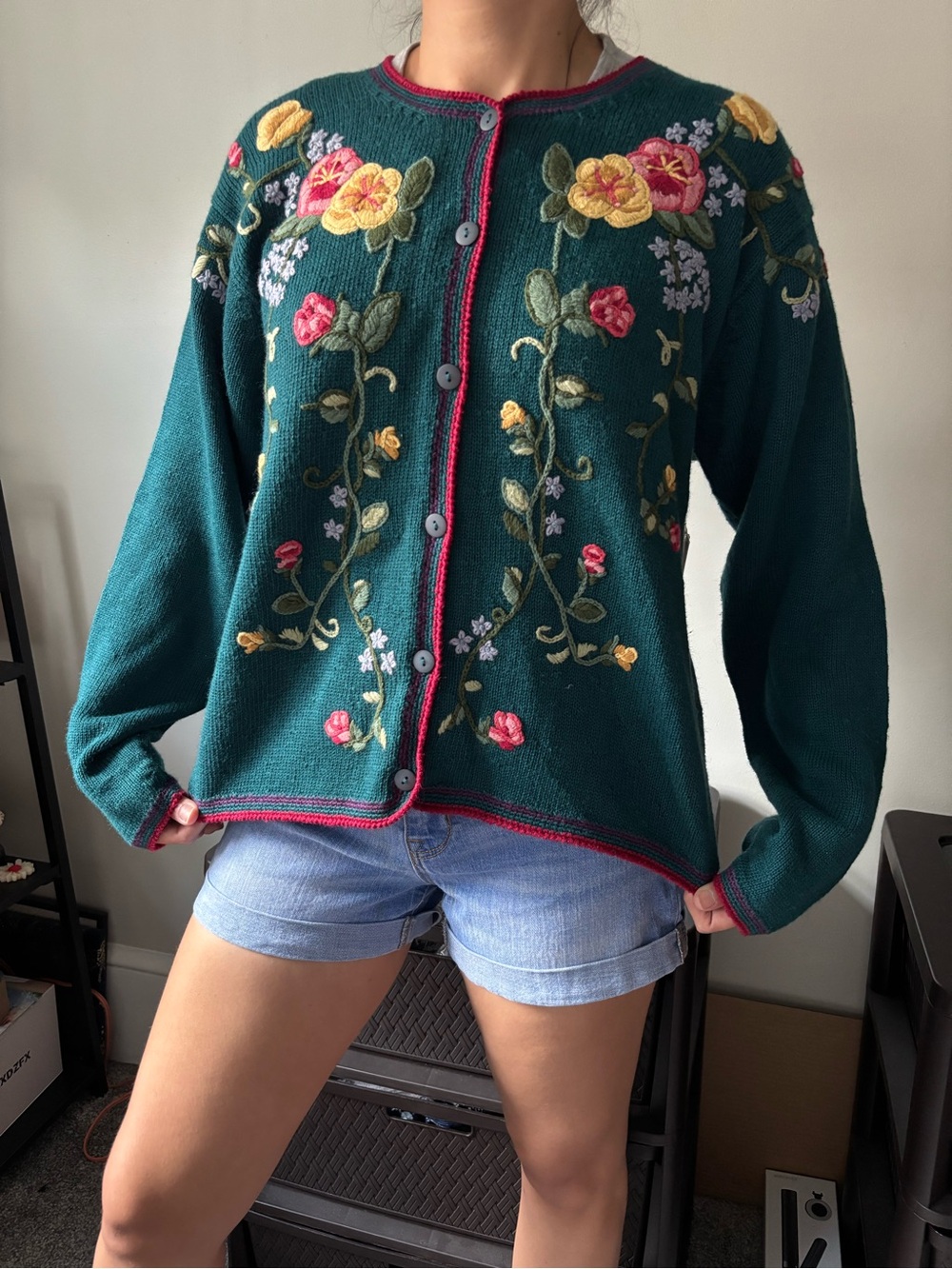 Vintage Cottagecore Teal Floral Knitted Embroidery Fairy Garden Granny Cardigan - Picture 9 of 9